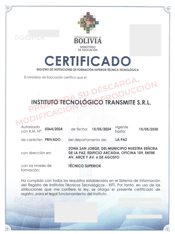 Imagen del Certificado de la Resolución Ministerial N° 0364/2024 del Instituto Tecnológico Transmite, esta imagen tiene una marca de agua que indica que esta prohibida su descarga, reproducción o modificación
